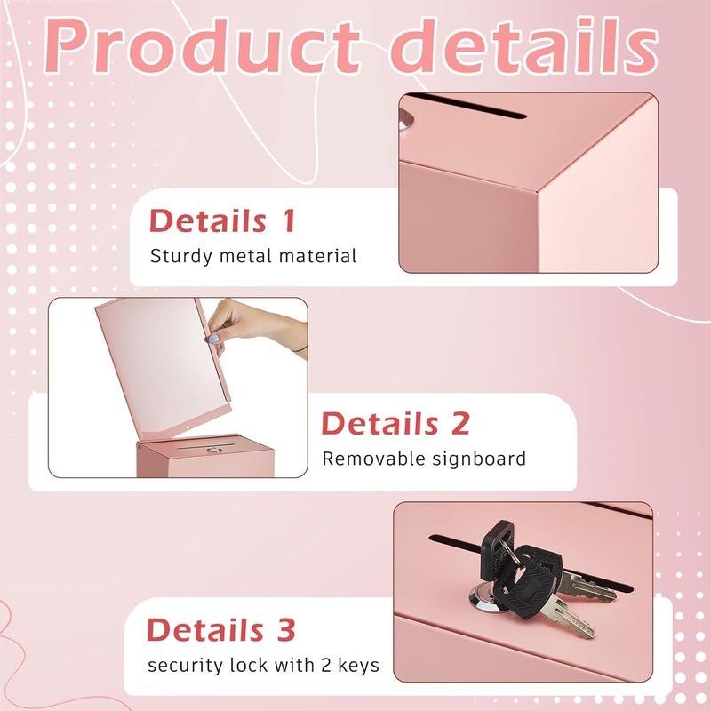 Weekgrat Metal Donation Box with Lock 6.7 x 5 x 8 Inch Safe Ballot Suggestion Box with Sign Holder and Slot Tip Jar Voting Collection Raffle Mailbox for Voting Fundraising Collection(Pink) - Image 3